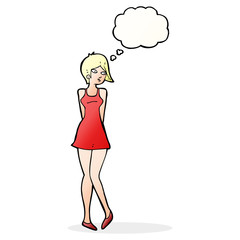 cartoon pretty woman in dress with thought bubble