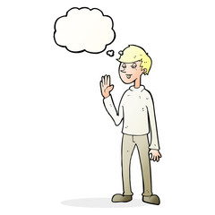 cartoon waving man with thought bubble