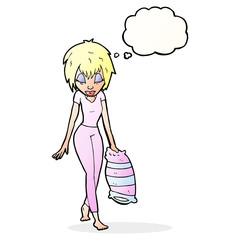 cartoon woman going to bed with thought bubble
