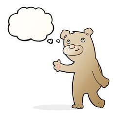 cartoon happy waving bear with thought bubble