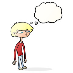 cartoon suspicious boy with thought bubble