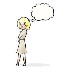cartoon woman in trench coat with thought bubble