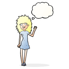cartoon happy woman waving with thought bubble