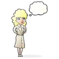 cartoon woman in trench coat with thought bubble