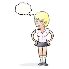 cartoon tough woman with hands on hips with thought bubble