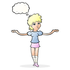 cartoon woman shrugging shoulders with thought bubble