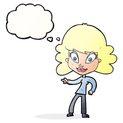 cartoon woman pointing with thought bubble