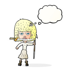 cartoon woman with knife and harpoon with thought bubble