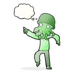cartoon alien man dancing with thought bubble