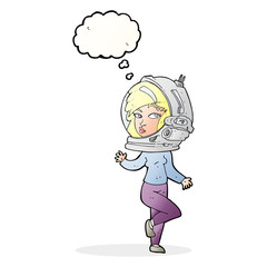 cartoon woman wearing space helmet with thought bubble