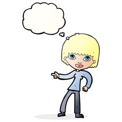 cartoon woman pointing with thought bubble
