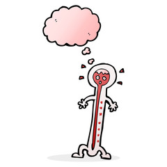 cartoon hot thermometer with thought bubble