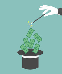 Money out the hat magic trick concept. Hand with white glove holding magic wand with flying money above a hat. Flat style