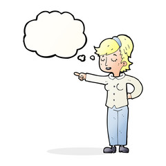 cartoon friendly woman pointing with thought bubble