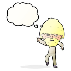 cartoon bearded man pointing and laughing with thought bubble