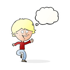 cartoon happy waving boy with thought bubble
