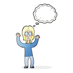 cartoon hippie man waving arms with thought bubble