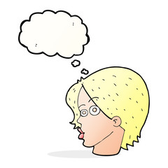 cartoon female face with thought bubble