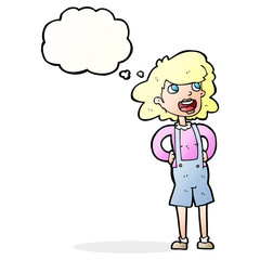 cartoon woman in dungarees with thought bubble