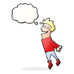 cartoon drenched man flying with thought bubble