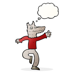 cartoon happy wolf man with thought bubble