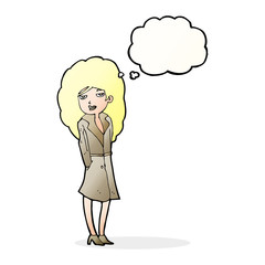 cartoon female spy with thought bubble
