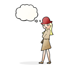 cartoon female spy with thought bubble