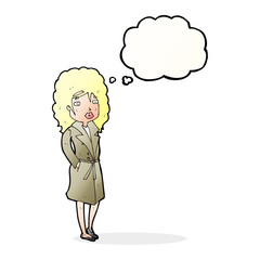 cartoon woman in trench coat with thought bubble