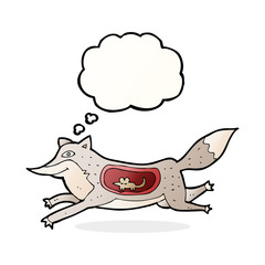 cartoon wolf with mouse in belly with thought bubble