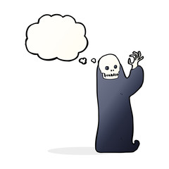 cartoon waving halloween ghoul with thought bubble