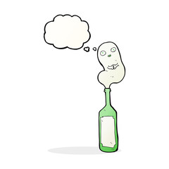 cartoon ghost in bottle with thought bubble
