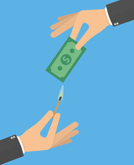 Hand holding money bill and another hand holding burning match stick. Burning money concept. Flat design