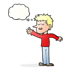 cartoon happy man reaching with thought bubble