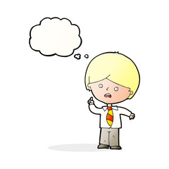 cartoon worried school boy raising hand with thought bubble
