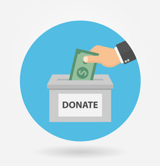 Donation concept icon in circle shape. Hand putting money bill in to the donation box. Flat style