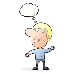 cartoon waving man with thought bubble
