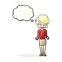 cartoon happy woman shrugging shoulders with thought bubble