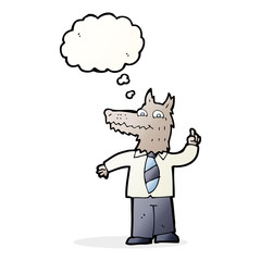 cartoon business wolf with idea with thought bubble