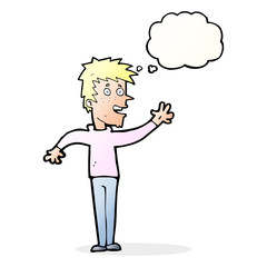 cartoon happy boy waving with thought bubble