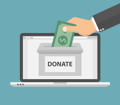 Donate Online Concept. Hand Putting Money Bill In To The Donation Box On A Laptop PC Display. Flat Style