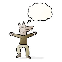 cartoon wolf man with thought bubble