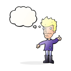 cartoon worried man giving thumbs up symbol with thought bubble