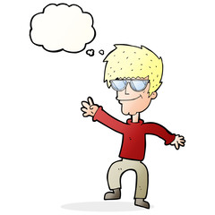 cartoon waving cool guy with thought bubble