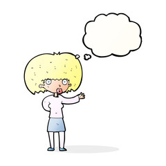 cartoon woman gesturing with thought bubble