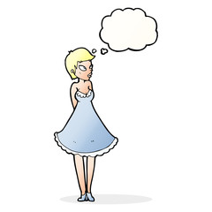cartoon pretty woman in dress with thought bubble