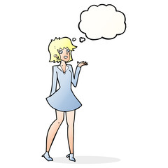 cartoon pretty woman in dress with thought bubble