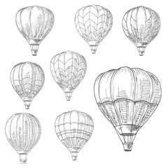 Hot air balloons in flight, retro sketches
