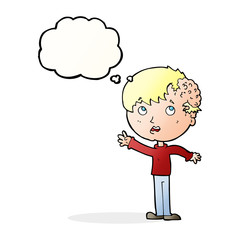 cartoon boy with growth on head with thought bubble