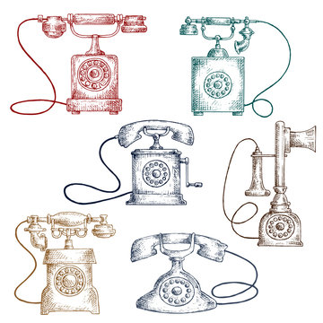 Vintage corded telephones sketches
