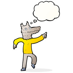 cartoon wolf man with thought bubble
